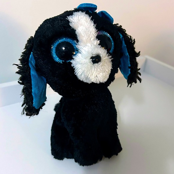 Ty Beanie Boo - Tracy The Dog 6” No Tag Curly Fur Blue Bow - Picture 4 of 8